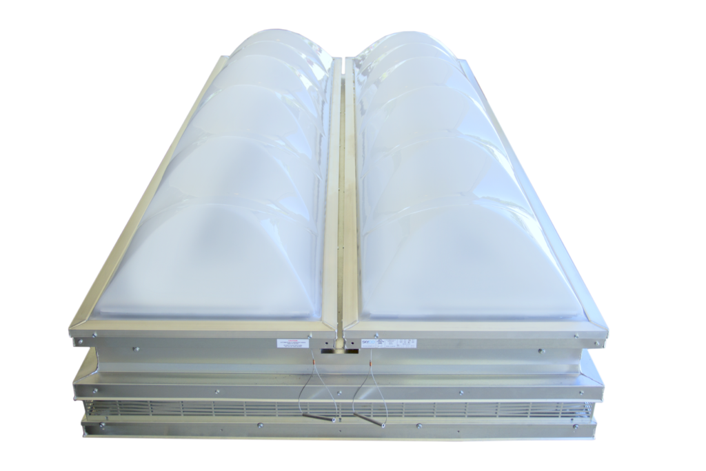 The UL Listed Smoke Vent industrial skylight by SKYCO Skylights has super strong polycarbonate domes rated for over 800 lbs impact test, controlled speed gas shocks for opening and is the lightest unit on the market. 
